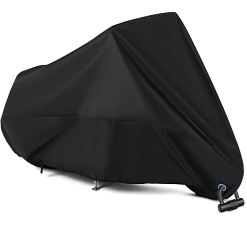 Breame バイクカバー 210D厚手 バイク用車体カバー 防風ベルト&ロック穴有り 収納袋付き 防水 盗難防止 紫外線防止 防埃 防雨 防雪 風飛び防止 丈夫 耐久 (XXL, ブラック) 1枚目 画像
