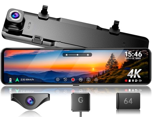 JADO ドライブレコーダー ミラー型 4K 12インチ ドラレコ 前後カメラ リアカメラズーム機能搭載 デジタルインナーミラー IMX415センサー HDR/WDR搭載 夜間撮影 Type-C電源 駐車監視 タイムラプス 170°超広角 地デジ干渉対策済み LED信号機対応 64GBメモリーカード付き G850-ST 1枚目 画像