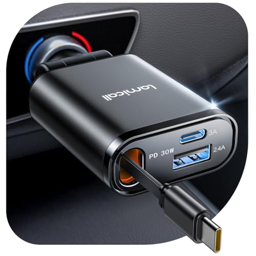 【超Ｍiniサイズ】2025 Lamicall 車充電器 巻取り式 シガーソケット：タイプC PD30W/PPS対応 急速 総57Ｗ 3in1 車載充電器 12/24V車対応 3台同時可能 75ｃｍ Type-C ケーブル iPhone Air,17,17 Pro,17 Pro Max/16/15シリーズ iPad/android/Apple Watch USB-C 高温/電流/電圧保護 ブラック 1枚目 画像
