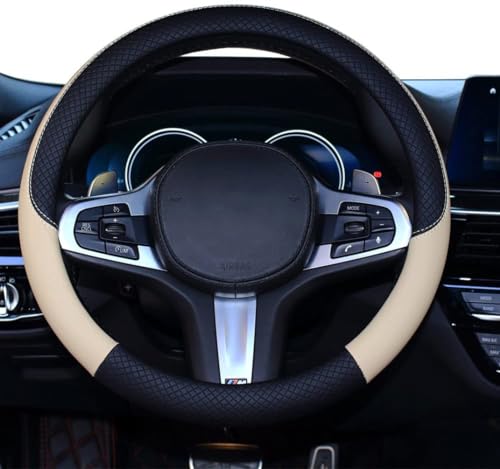 HUACHENG ハンドルカバー 車用 軽自動車 sサイズ ステアリングカバー 本革 汎用 おしゃれ 通気性がよい 滑り防止 オールシーズン対応 普通車 ハンドル 保護カバー カスタム 内装パーツ アクセサリー 車用品 (ベージュ) 画像1