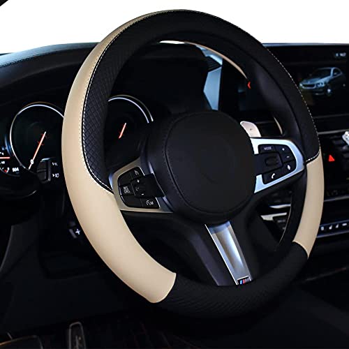 HUACHENG ハンドルカバー 車用 軽自動車 sサイズ ステアリングカバー 本革 汎用 おしゃれ 通気性がよい 滑り防止 オールシーズン対応 普通車 ハンドル 保護カバー カスタム 内装パーツ アクセサリー 車用品 (ベージュ) 最後 画像