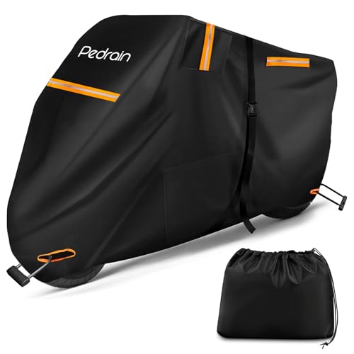 Pedrain バイクカバー【2025革新 一体型収納】50cc 125cc 250cc 400cc 大型 300D厚手 耐熱 2.5m延長防風ベルト 防水 防雪 破れにくい 紫外線99%カット 色褪せない 蒸れ/錆び防止 錆びにくい 警告反射テープ 原付 バイク車体カバー 前後ロック穴対応 盗難防止(220㎝まで) 1枚目 画像