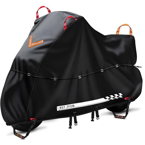 Bst Jyob バイクカバー 500D厚手 防水【独自の腰紐付き・風飛び完全防止】 ロック穴前後対応 反射材 二重防風ベルト UVカット オックス生地 盗難防止 防雪 防塵 収納バッグ付き（3XL、ブラック） 画像1