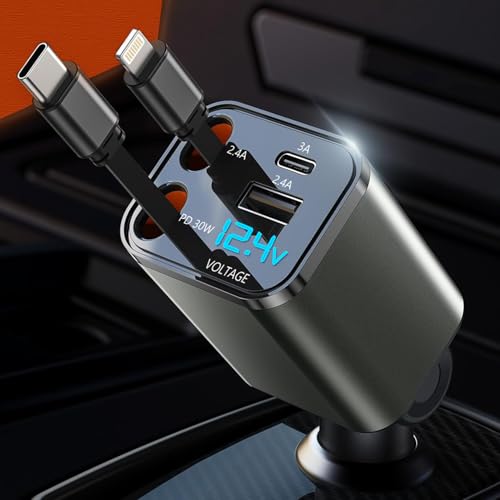 htrahy【小型・LED電圧表示】車 充電器 巻き取り式 カーチャージャー 急速充電 Type-C/USB-C/ライトニング/USB-A 4台同時使用 iphone/iPad/AQUOS/Xperia対応 DC12/24V車対応(CC0304-GRAY) 1枚目 画像