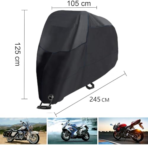 バイクカバー 防水 大型 210D 厚手【2025改良最新型 】 245*105*125cm 耐熱 厚手 超撥水塗料オックス生地 反射ストライプ 盗難防止 紫外線防止 防埃 防水 防雪 UVカット 丈夫収納袋付 最後 画像