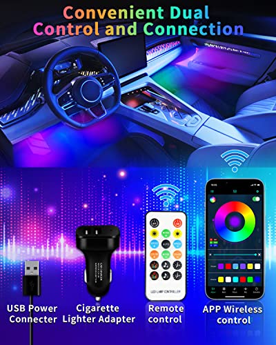 車用LEDテープライト フットライト ランプ 12V 48SMD RGB フルカラー 足元灯 車内装飾用 イルミネーション16000色 雰囲気 間接照明 モードライト リモコン アプリ操作 タイマー機能 音楽同期 USB&シガーソケット 2種給電 中間 画像