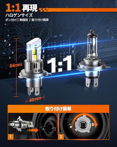 SEALIGHT 高輝度H4 LEDヘッドライト【30000LM・6500K・50W】 32連7535 CSP Hi/Lo切替 LEDチップ キャンセラー内蔵 DC9V-16V 車検対応 1:1サイズ 無極性＆ポン付け 三重放熱 60000時間長寿命 IP67防水 車/バイク 2個入り 2年保証 S1pro-H4 中間 画像