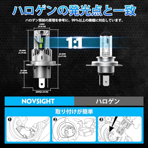 NOVSIGHT H4 LEDヘッドライト Hi/Lo切替 新車検対応 一体型 ledバルブ 車/バイク用 DC12V 高輝度 18000LM 6500K ホワイト 無極性 切れのいいカットライン LEDチップ搭載 2個入り 中間 画像