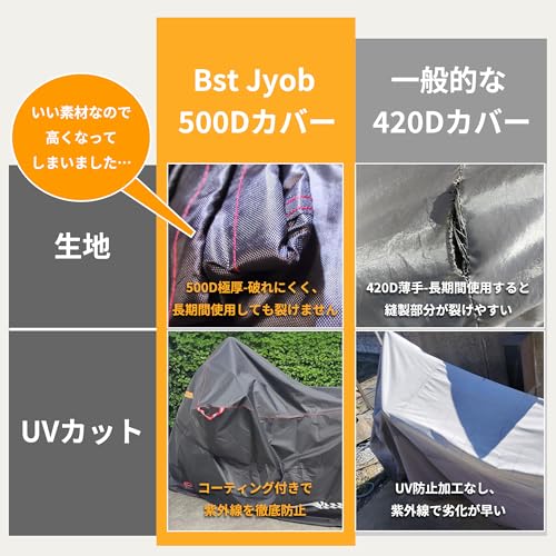 Bst Jyob バイクカバー 500D厚手 防水【独自の腰紐付き・風飛び完全防止】 ロック穴前後対応 反射材 二重防風ベルト UVカット オックス生地 盗難防止 防雪 防塵 収納バッグ付き（3XL、ブラック） 最後 画像