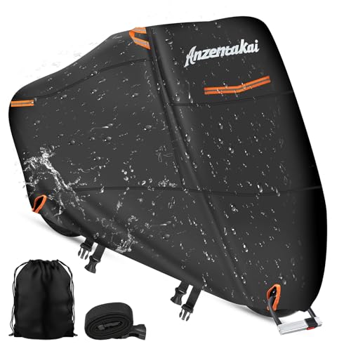 Anzentakai バイクカバー 500D 厚手【2025年 耐久性アップ】 耐水圧20000mm 車体カバー 湿気対策 耐熱 防水 風飛び防止 チェーンホール付き 2.5m防風ベルト付き 収納バッグ付き 警告反射テープあり 超撥水 紫外線防止 バイク用レインカバー スクーター/原付/125cc/250cc用/400cc用 画像1