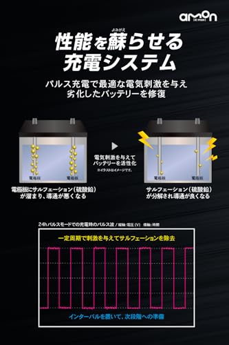 【Amazon.co.jp限定】 エーモン(amon) バッテリーチャージャー 4869 バッテリー交換頻度を低減 サルフェーション除去 電圧チェッカー機能 ディープサイクルバッテリー対応 自動充電モード PSEマーク取得済 中間 画像
