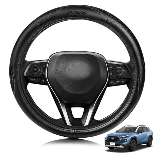 ElitingCar トヨタ に適用 RAV4 対応 ハンドルカバー 高級本革 ステアリングカバー おしゃれなデザイン 透湿性あり 耐摩耗性 防水仕様 汚れ防止 滑り止め 通気性優れ３Ｄグリップ 専車ロゴ オールシーズン対応 耐老化性強化 簡単取付 内装パーツ 車パーツ ドレスアップ 円形 ブラック 1PCS (37.5 センチメートル) 1枚目 画像
