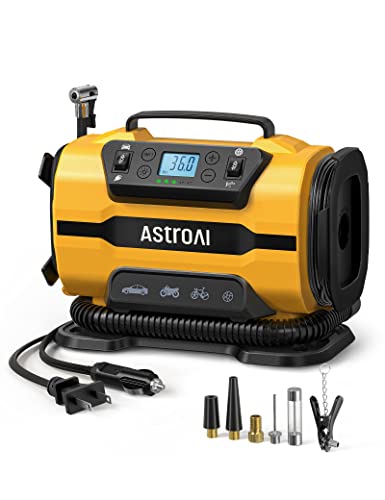 AstroAI エアーコンプレッサー 電動空気入れ 5 in 1 タイヤ・プール 自動車用 AC/DC給電 150 PSI 自動電源オフ メモリ機能 LEDライト五種類変換ノズル 仏式/米式/英式 全バルブ対応 バイク 自転車 エアマットレス 浮き輪 ボール パドリングプール 空気入れ 1枚目 画像