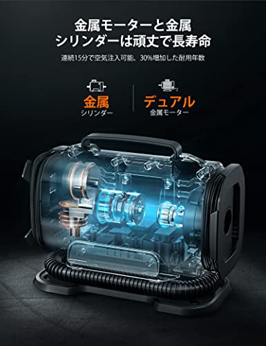 AstroAI エアーコンプレッサー 電動空気入れ 5 in 1 タイヤ・プール 自動車用 AC/DC給電 150 PSI 自動電源オフ メモリ機能 LEDライト五種類変換ノズル 仏式/米式/英式 全バルブ対応 バイク 自転車 エアマットレス 浮き輪 ボール パドリングプール 空気入れ 中間 画像