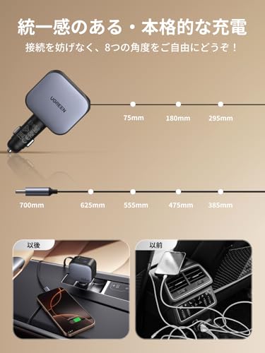 UGREEN 【70cm巻き取り式】合計145W シガーソケット 車でパソコン作業可能 USB-C ケーブル内蔵 片手で長さ・角度調整可能 「車の便利グッズ 収納」PD・PPS対応 パソコン・スマホ・タブレットなどType-C適合 iphone17シリーズ 中間 画像