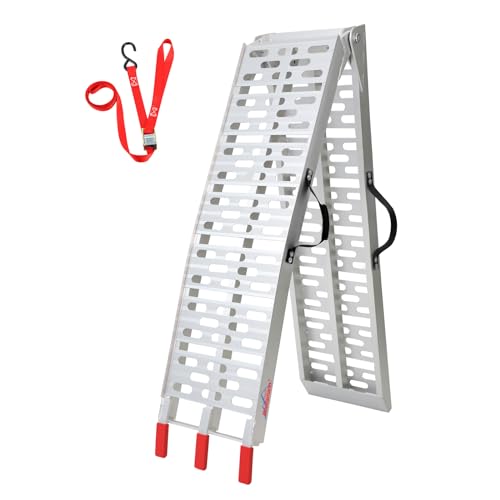 Ruedamann アルミラダーレール 長さ222.5cm 幅28cm 耐荷重340kg 折りたたみ式 ラダーレール 軽量 取っ手付き 滑り止め加工 バイク スロープ ATV四輪バギー 草刈り機 農機具用 軽トラ バン トレーラー ガレージの積み降ろし 1本 1枚目 画像