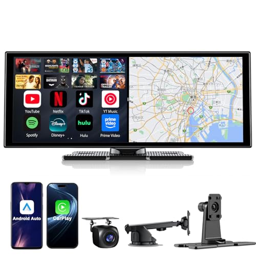 Accfly 11 インチプロフェッショナルディスプレイオーディオ 動画視聴対応（YouTube/Netflix Tiktok等アプリ）高清解像度 1920*720 デュアルスクリーン同期表示機能 ワイヤレスアンドロイドナビ（カーナビ）対応 ワイヤレス CarPlay 接続機能 背面カメラ対応、bluetooth通話音声コントロール、AUX/FM、インストール容易、技術認証取得済みです 画像1