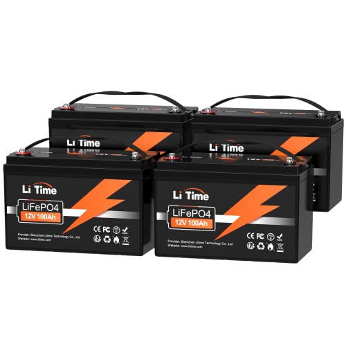 LiTime 12V 100Ah LiFePO4 Lithium Battery Built-in 100A BMS, 1280Wh Output Power, 4000-15000 Deep Cycles Backup Power, Perfect for RV, Solar, Marine, Home Energy Storage (4 Packs) 画像1