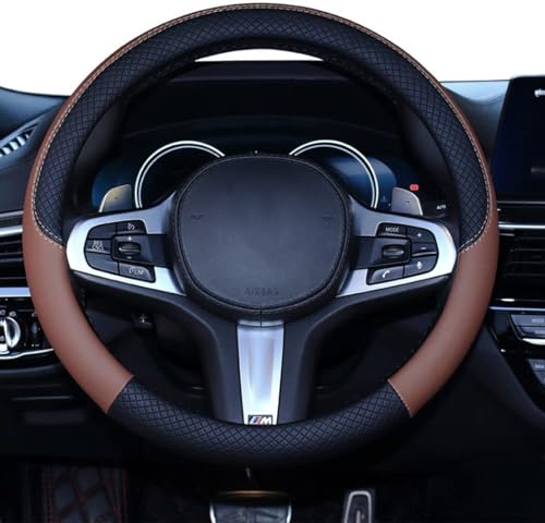 HUACHENG ハンドルカバー 車用 軽自動車 sサイズ ステアリングカバー 本革 汎用 おしゃれ 通気性がよい 滑り防止 オールシーズン対応 普通車 ハンドル 保護カバー カスタム 内装パーツ アクセサリー 車用品 (ブラウン) 画像1