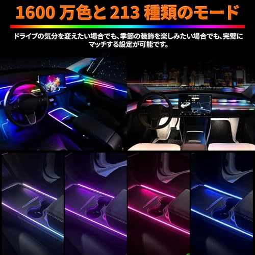 車用LEDテープライト【2025年モデル】アンビエントライト LEDテープ ガー式 RGB 高輝度 16000色 雰囲気 無段階調光 音による変色 車内装飾 足元灯 車用 ダイナミック フルカラー 流れる光デザイン 多色切り替え機能搭載 アプリ操作 (6IN1) 中間 画像
