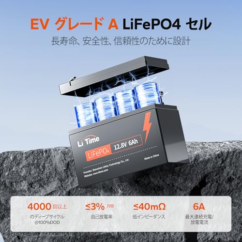 LiTime 12V6Ahリン酸鉄リチウムイオンバッテリー 4000サイクル以上 LiFePO4 充電式 ディープサイクルバッテリー 6ABMS付き 魚群探知機 釣り 非常灯 キャンプ 災害用 軽い 長寿命 日本語説明書 初心者向 中間 画像