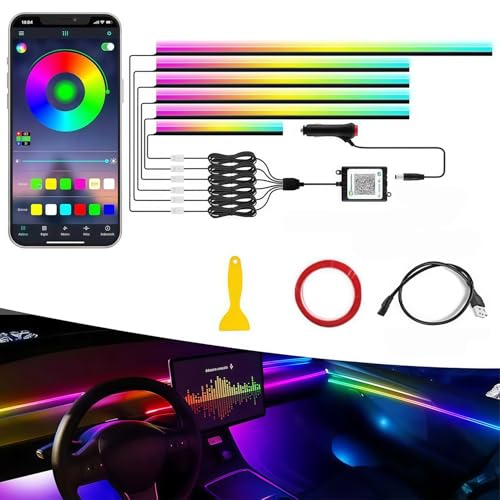 車用LEDテープライト【2025年モデル】アンビエントライト LEDテープ ガー式 RGB 高輝度 16000色 雰囲気 無段階調光 音による変色 車内装飾 足元灯 車用 ダイナミック フルカラー 流れる光デザイン 多色切り替え機能搭載 アプリ操作 (6IN1) 1枚目 画像